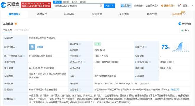 螞蟻集團(tuán)布局科技零售，杭州云帆科技注冊(cè)資本千萬起航